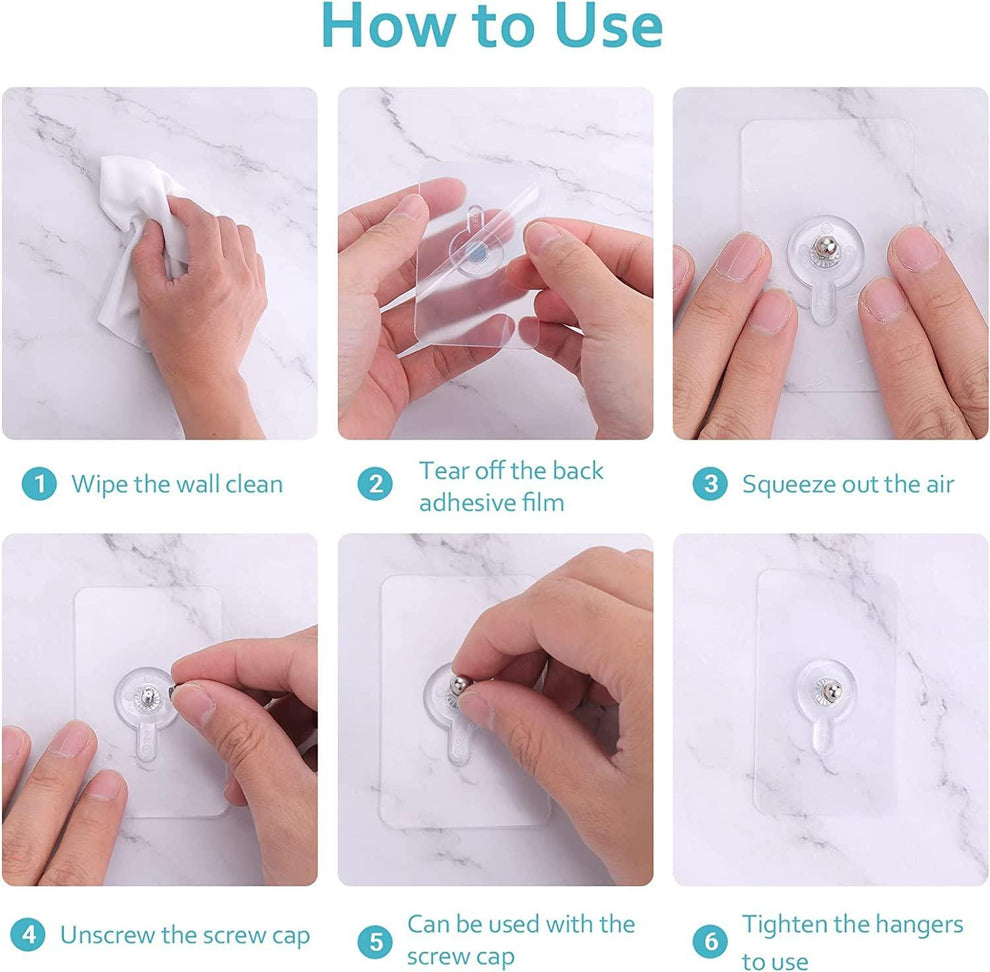 Transparent Reusable Adhesive Wall & Screw Hooks Order 10 Get 10 Free – Heavy Duty, No-Drill,